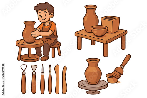Pottery making set. Man potter character creating clay pot on wheel. Ceramic hobby, craft workshop concept. Handmade vase, sculpting tools art lesson cartoon illustration.