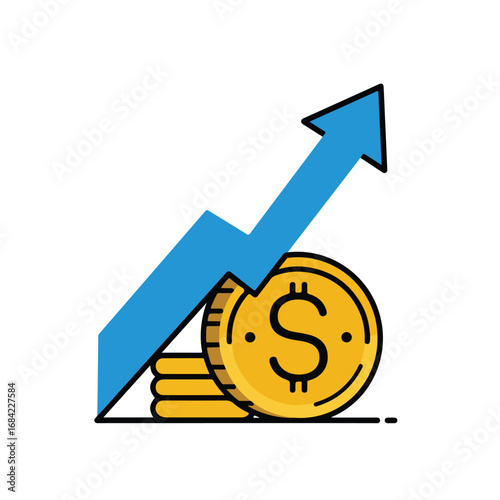 A blue arrow points upward over a stack of gold coins