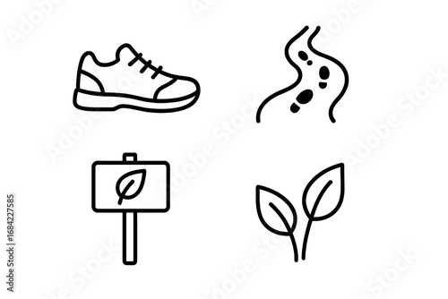 Mindful walking outline icon set. Vector symbols of a nature trail, hiking path, shoe and leaf. Simple linear icons for wellness, eco lifestyle and mental health break.