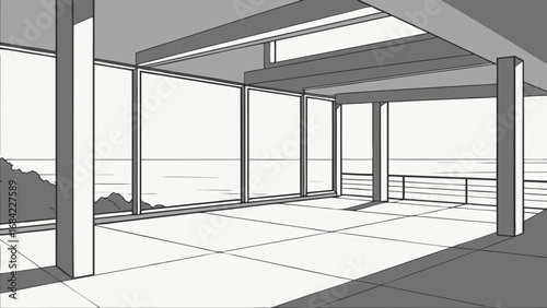 Modern architecture interior design minimalist home with ocean view large windows spacious room grey scale illustration contemporary style architectural sketch house blueprint home design building pl.