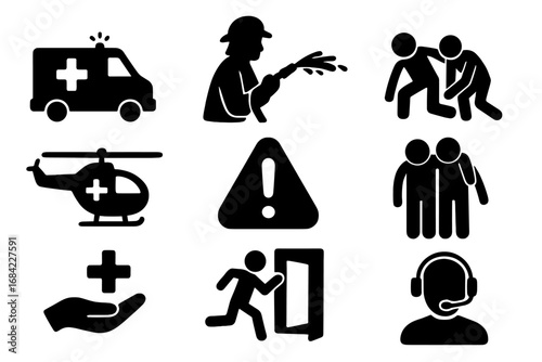 Emergency aid silhouette icon set. Rescue, safety, assistance vector collection. Symbols for ambulance, firefighter, medevac helicopter, first aid, evacuation, and support.