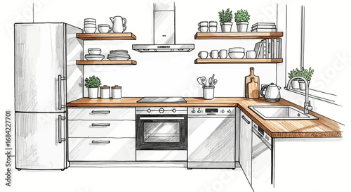 Modern and minimalist kitchen design illustration with wooden countertops
