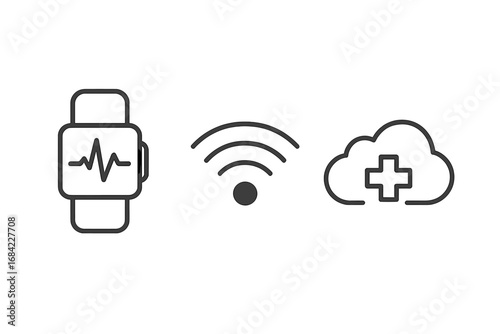 Remote Health Monitoring Icons, Outline Set of Wearable Patient Sensor, Wi-Fi Signal, Cloud Data Storage, Telemedicine Technology, Digital Healthcare Vector Illustration