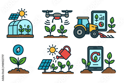 Innovative Agricultural Technology Icons Showcasing Sustainable Farming, Modern Equipment, Smart Irrigation, Solar Energy, Drone Monitoring, and Digital Farm Management – Vector Cartoon Illustration