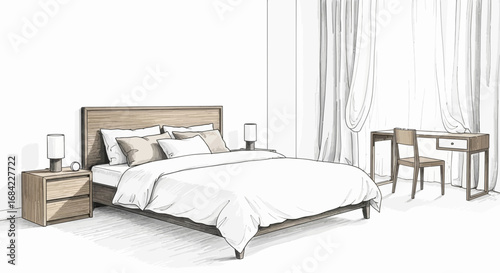Modern bedroom sketch with minimalist furniture and neutral color palette