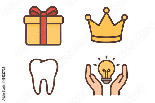 Present gift charity symbol set with crown tooth magnet lightbulb icons for graphic design web sites cards books articles creative vector