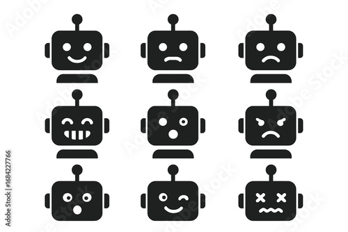 Robot emoji solid icon set. Bot face with mood expression. Glyph icons collection. Happy, sad, angry, smile, confused, dead emoticons. AI character head. Chatbot avatar vector.