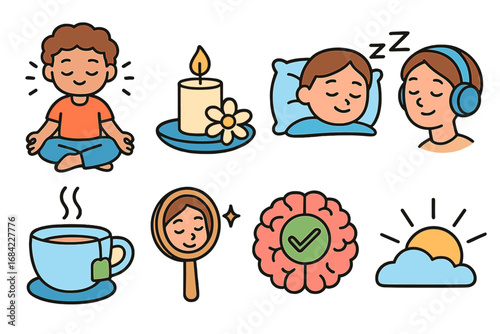 Mindfulness and self-care icon set. Mental health, wellness, and relaxation techniques. Vector concepts for meditation, good sleep, stress relief and positive psychology.
