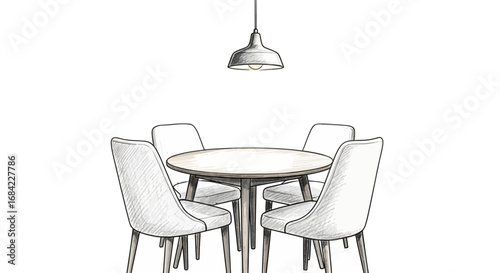 Modern dining room illustration with round table and pendant light