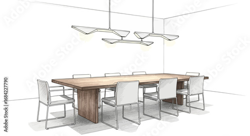 Modern Dining Room Illustration with Long Table and Geometric Lights