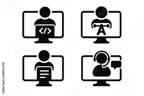 Remote Job Icons. Solid filled vector icon set representing remote job roles including software developer, graphic designer, content writer, customer service, digital workspace illustration.