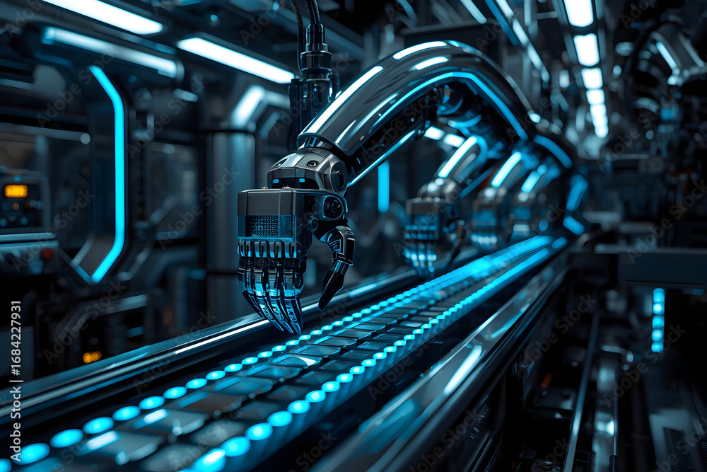 Fototapeta premium Robotic arm precisely working on a futuristic circuit board showcasing advanced technology