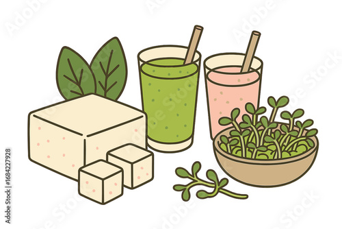 Various Plant-Based Food Items Including Tofu Cubes, Green and Pink Smoothies, and Fresh Sprouts in Minimalist Style Vector Cartoon Illustration with Transparent Background
