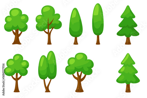 Colorful cartoon trees in forest set, simple thin vector icons, perfect for websites, books, cards, apps, nature illustration with transparent background, ordered collection