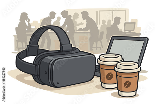 Virtual reality headset and two coffee cups on desk with laptop in creative busy office workspace, team collaboration environment, technology and work concept, vector cartoon illustration