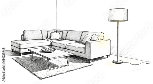 Modern Interior Design Sketch Featuring a Sofa, Table, and Floor Lamp