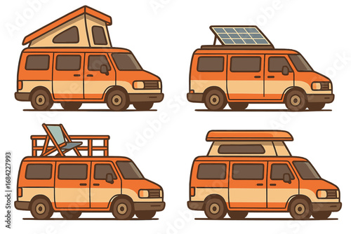 Camper van set for road trip adventure. Van life concept with motorhome, pop top roof tent, solar panel, and deck. Vector cartoon illustration for travel and camping.
