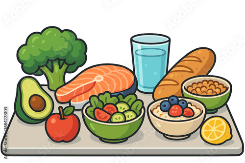 Balanced diet concept with healthy food. Nutrition meal with salmon, avocado, broccoli, salad, fruits. Vector cartoon illustration for wellness, lifestyle and health.