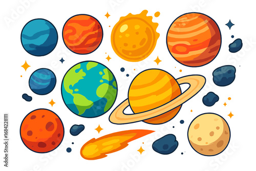 Colorful cartoon planets collection. Solar system icon set. Vector flat design elements. Astronomy science concept. Space exploration with sun, earth, saturn, moon, comet, stars.