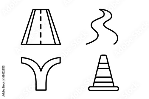 Road and Path Traffic Cone Icon Set, Outline Vector Signs for Graphic Design, Web Apps, Advertisements, Various Cards, Navigation Symbols, Cartoon Style Transparent Background
