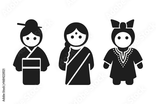 Multicultural women icons. People in traditional clothing. Vector glyph set. Japanese geisha in kimono, Indian woman in sari, African person in dashiki. National ethnic costumes.