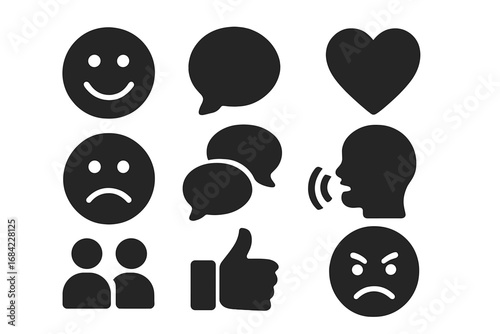 Emotion and communication solid glyph icon set. Social media interaction symbols for user feedback and customer review. Like, love, chat, happy, sad, and angry face vector signs.