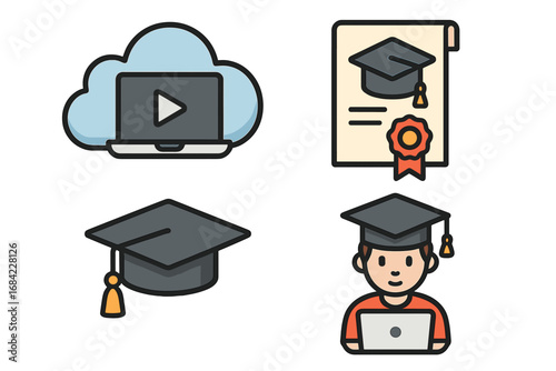 Online education icon set. E-learning, distance learning, webinar concept. Student with laptop, graduation cap, university diploma certificate. Cloud video online course symbol.