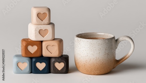 Stacked wooden blocks with hearts, beside a coffee cup
