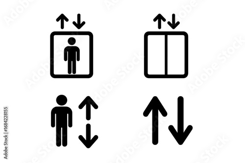 Elevator lift icon set. Simple black silhouette vector symbols collection. Public sign for passenger direction with up and down arrows. Modern minimal pictogram glyph design.