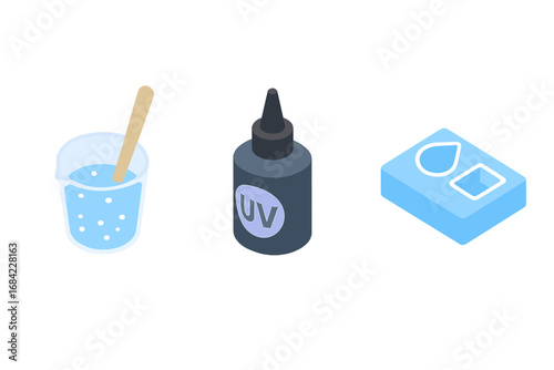 Isometric Resin Crafting Icons Set with Resin Mixing Cup, UV Resin Bottle, and Silicone Mold for Jewelry Making, DIY Art Supplies, and Creative Resin Projects Vector Illustration