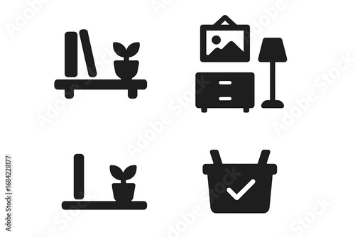 Minimalist lifestyle solid glyph icon set. Home organization, decluttering, and simple living concept. Tidy room, furniture, shelf, plant, and sorting basket vector symbols.