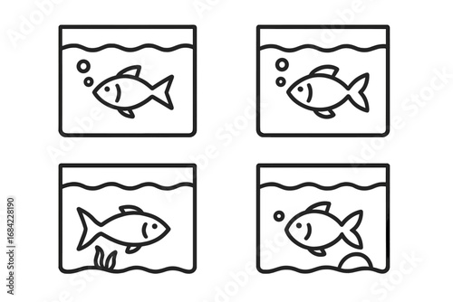 Fish in aquarium line icon set. Minimalist pictograms for web and graphic design. Pet fish concept, simple animal outline vector illustration for apps, logo or ui element.