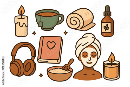 Wellness Essentials for Relaxation and Self-Care at Home, Weekend Routine Items, Spa Treatment, Aromatherapy, Meditation, Cozy Comfort, Tea, Skincare, Candles, and Calm Vibes Vector Illustration