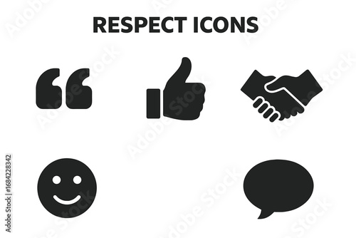 Respect icons set vector, solid filled design of respectful language symbols including quotation marks, thumbs up, handshake, smiley face, speech bubble, communication concept