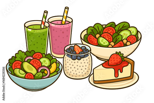 Healthy food set. Vector cartoon illustration of salads, smoothies, overnight oats, and cheesecake. Concept for nutrition, diet, wellness, clean eating, and balanced meal.