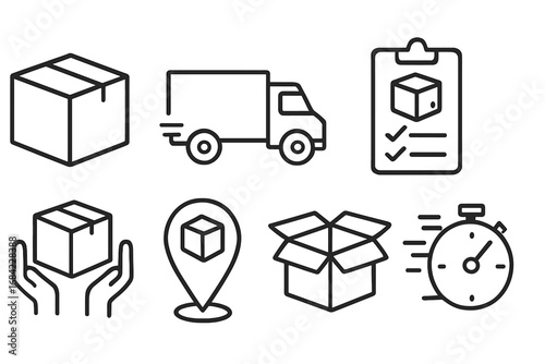 Minimalist Linear Vector Icons of Box, Delivery Truck, Package Handling, Tracking, and Fast Shipping for Web, App, Banner, Social Media, and Graphic Design Use