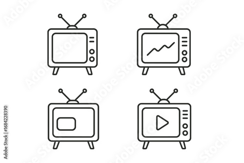 Minimalist Vintage TV Set Line Icon Collection with Editable Stroke, Linear Pictograms for Digital Design, Apps, Cards, Banners, and Web Use, Vector Cartoon Illustration