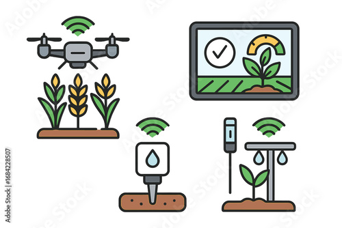 Smart farming agriculture technology icon set. Agritech automation with drone, soil sensor, and smart irrigation. Digital farm, crop monitoring, and IoT in agriculture vector.