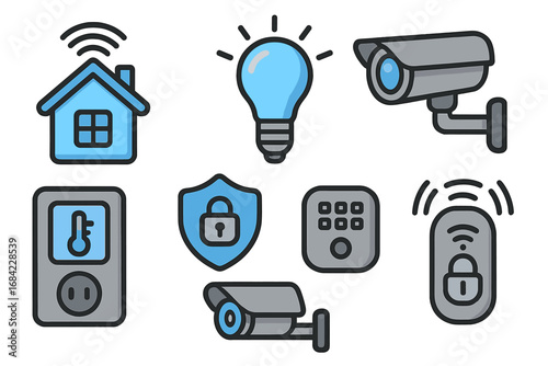 Smart home technology icon set. Vector illustration of automation devices for lighting, security, and climate control. Remote access, surveillance, and IoT concept cartoon icons.