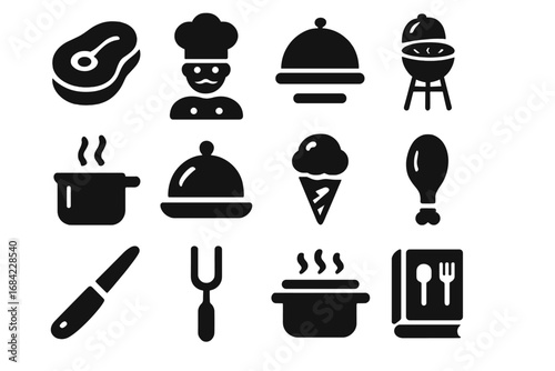 Food and cooking solid icon set. Meat, chef, grill, and kitchenware glyph collection. Vector illustration for restaurant menu, recipe book, or barbecue party concepts.