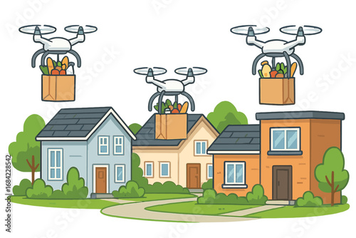 Drone delivery service transporting groceries. Quadcopter carrying food bag to house. Future logistics technology. Automated contactless shipping. Vector neighborhood illustration.