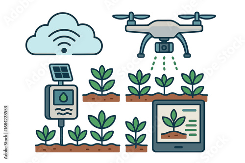 Smart farming technology vector concept. Agricultural innovation with drone, sensors, and tablet. Agritech, precision farming, and IoT in agriculture concept. Crop automation.
