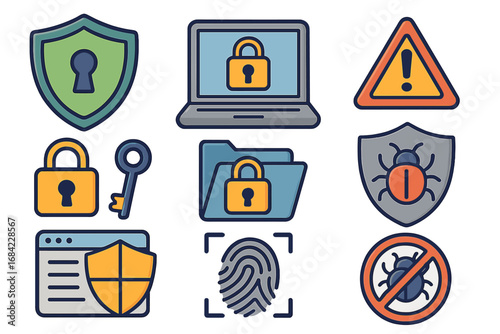 Security Symbols and Icons Illustrating Data Protection, Cybersecurity, Privacy, Antivirus, Digital Safety, Access Control, Encryption, Threat Detection, Vector Cartoon Illustration