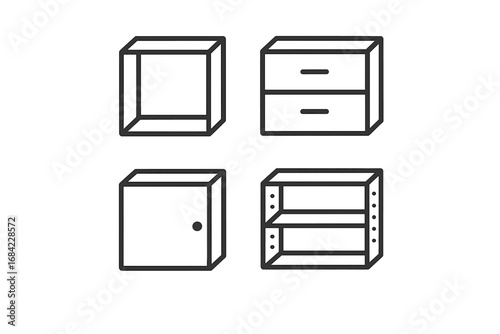 Modular storage icon set. Outline furniture symbols. Vector cabinet, drawers, adjustable shelf, and cubby. Concept for interior design, home organization, and office system.