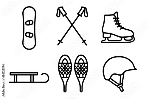 Winter sports icons set, outline vector illustration of snowboarding, ski poles, ice skates, sled, snowshoes, helmet, cold weather activities, outdoor winter gear