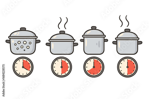 Cooking time guide vector icon set. Meal preparation infographic with boiling pots and kitchen timers. Recipe instruction symbols for food preparation. Cooking duration icons.