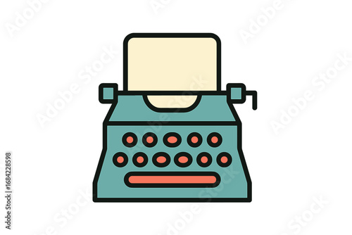Retro vintage typewriter icon with paper sheet, flat design minimalist vector illustration, office workplace, writing machine, document creation, publishing and communication concept