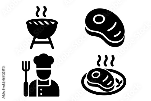 Barbecue grill solid icon set. Vector glyphs of charcoal grill, raw beef steak, chef, and cooked meal. Concept of cooking, food preparation, picnic, restaurant, steakhouse.