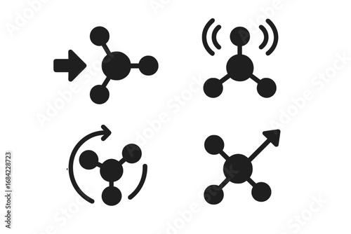 Molecular motion solid icon set. Kinetic energy concepts including translation, vibration, and rotation. Physics and chemistry educational vector illustration. Scientific symbols.