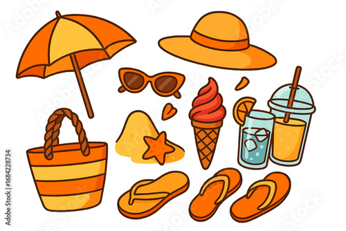 Summer beach essentials icon set. Vector cartoon illustration of vacation items. Holiday travel collection with umbrella, sun hat, bag, sunglasses, flip flops, ice cream, drinks.